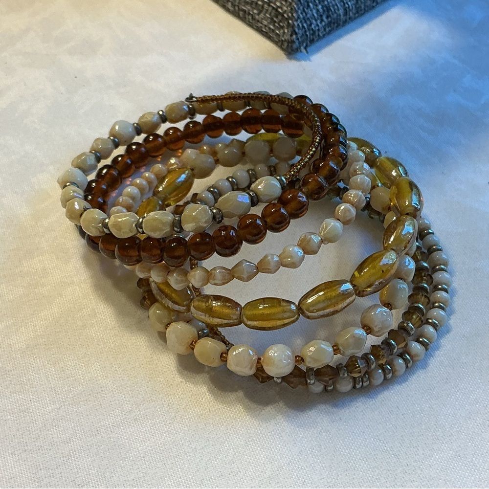 Brown, White and Gold Beaded Loaded Memory Wire Bangle Bracelet